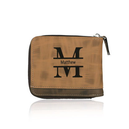 Personalized Name Leather Men's Zipper Wallet With Card Slot Engraved Letter And Photo Gift For Him