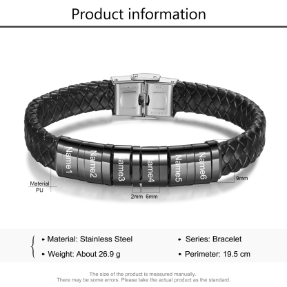6 Names-Personalized Braided Leather Bracelet Set With Gift Box-Custom Men's Bracelet Engraved 6 Names Gift for Him