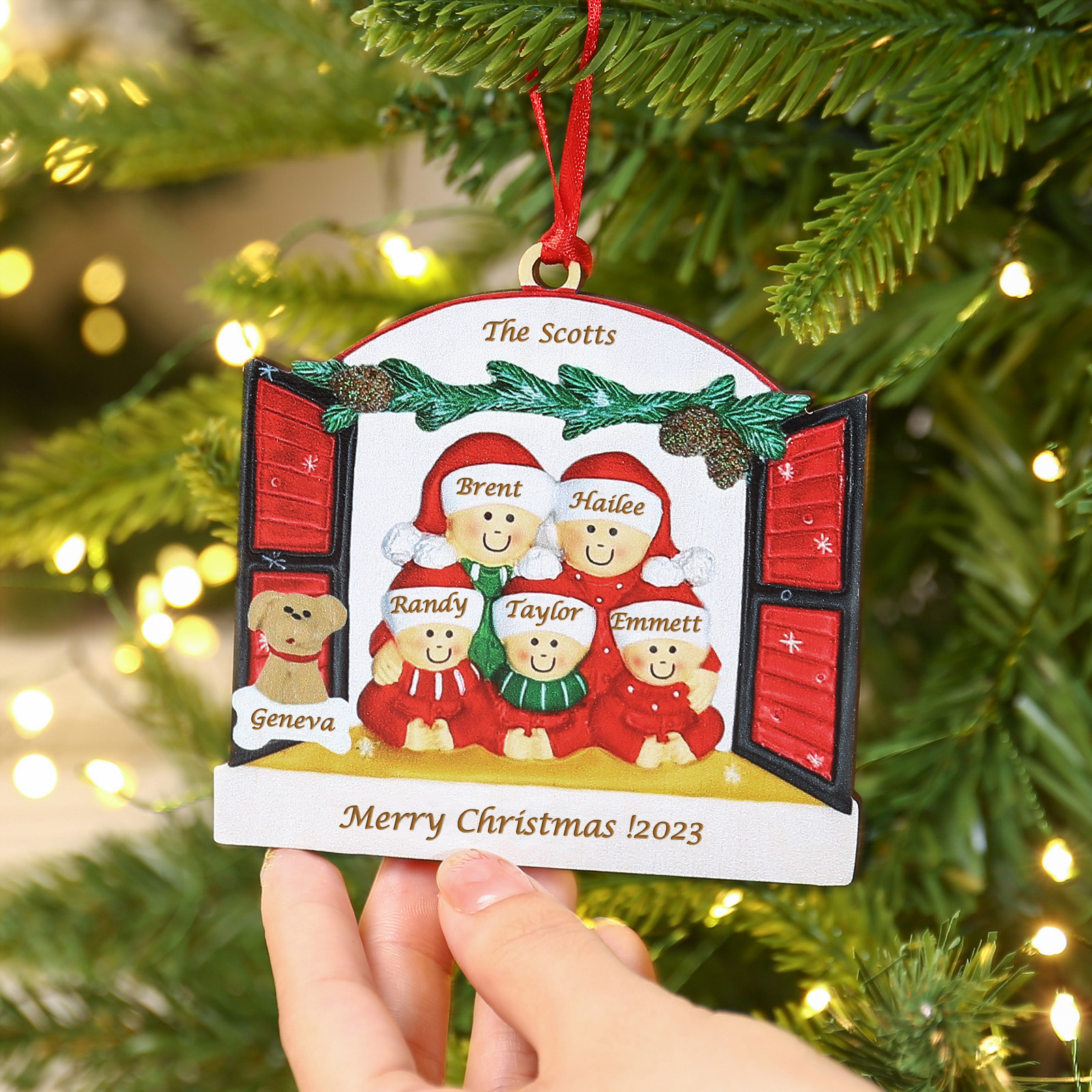 6 Names-Personalized Family Wooden Christmas Xmas Tree Decoration Ornament-Custom 6 Names Hanging Ornament  with Dog Gifts For Family