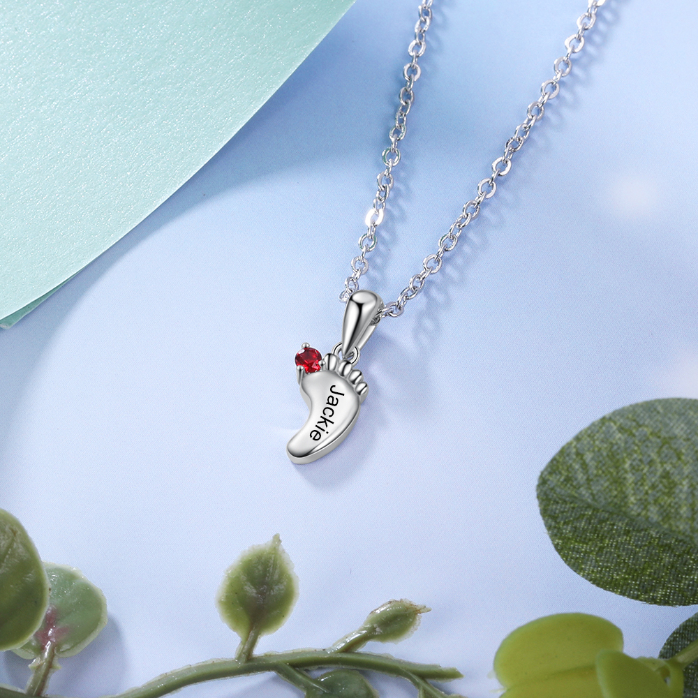 Personalized Baby Foot Necklace With 1-6 Birthstones Engraved Names Gift For Mother