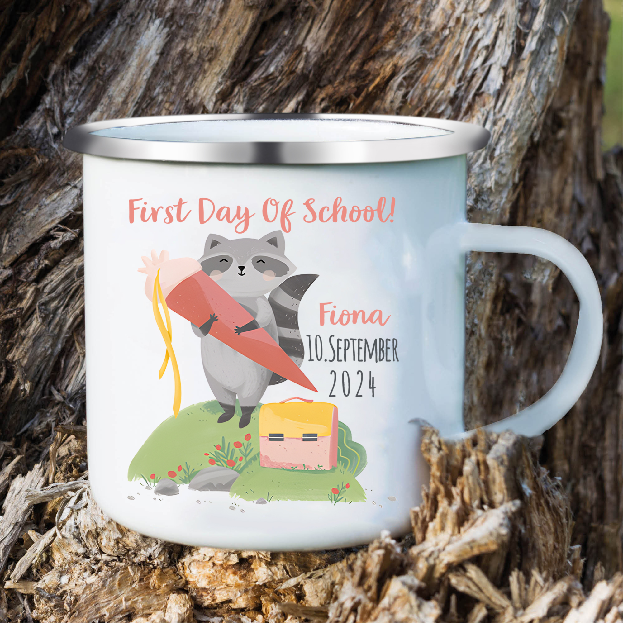 Personalized Name And Date Enamel Mug Children'S Raccoon Pattern Back To School Gift For Kid