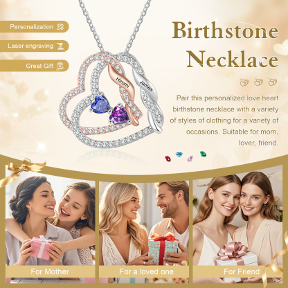 Personalized Heart-to-Heart Birthstone Necklace with Names – Custom Diamond Pendant Gift | Jessemade