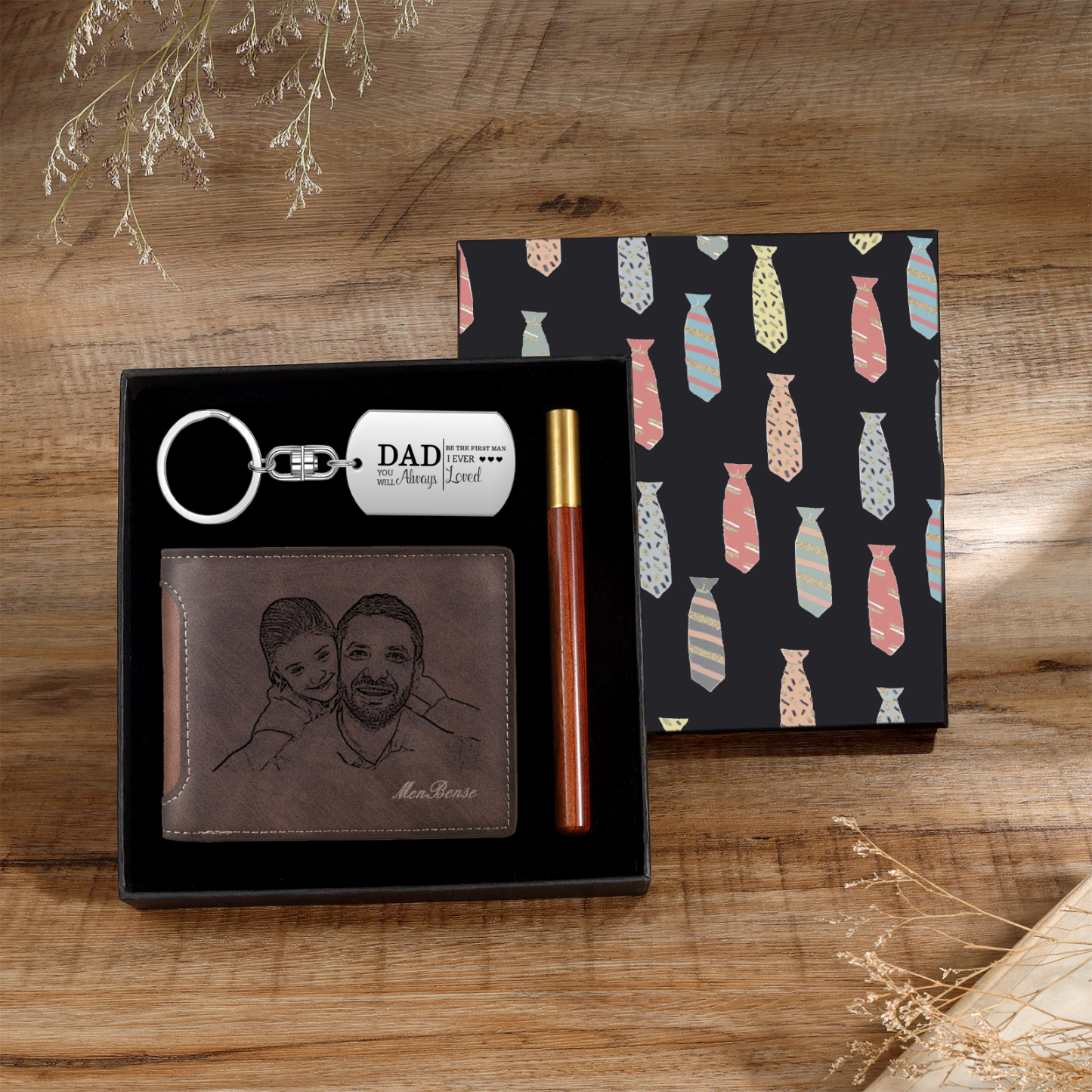 Personalized Leather Wallet Gift Box Set with Keychain Customizable Photo and Text Wallet Gift for Dad