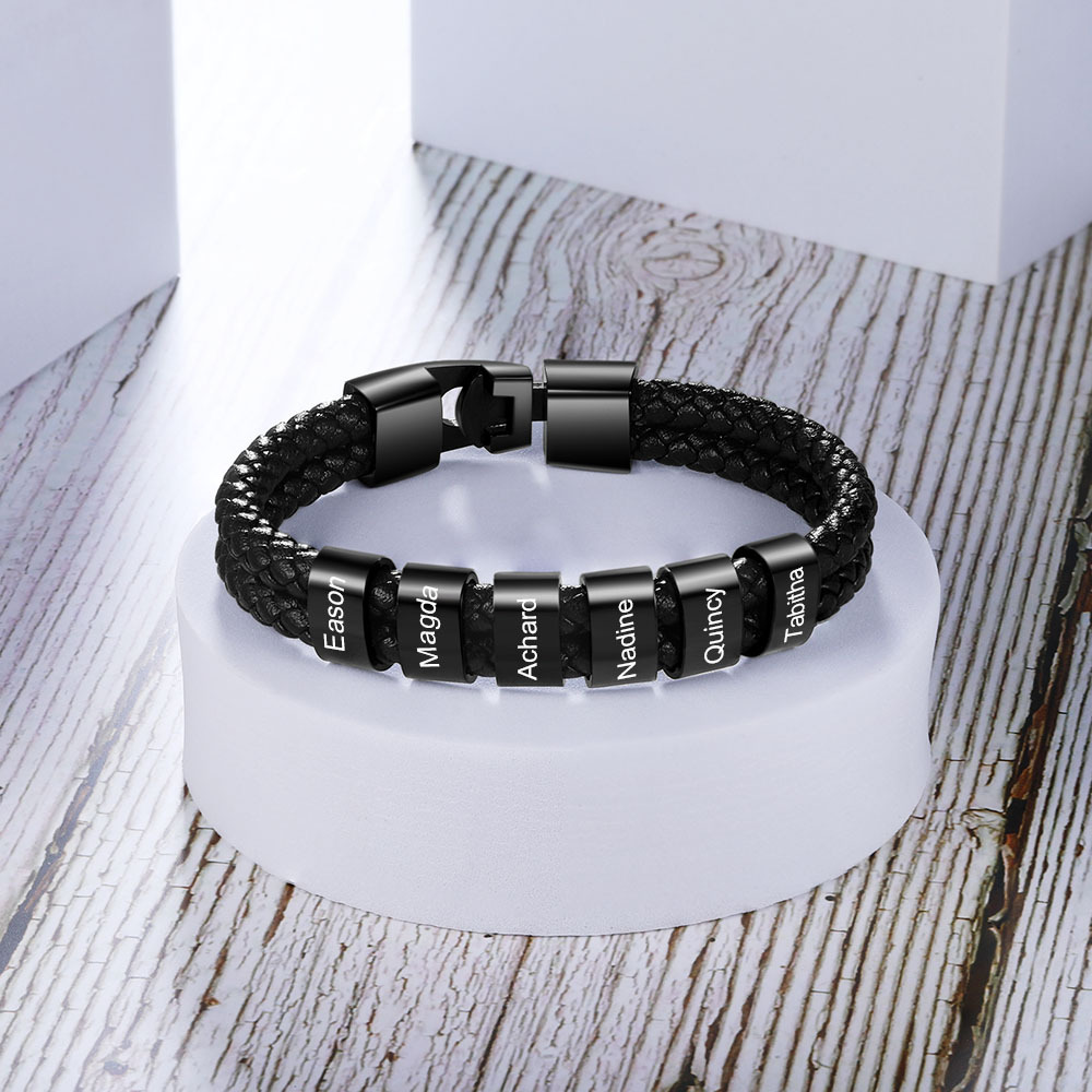 Personalized Braided Leather Bracelet Engraved 1 Name Men's Bracelet Gifts For Him