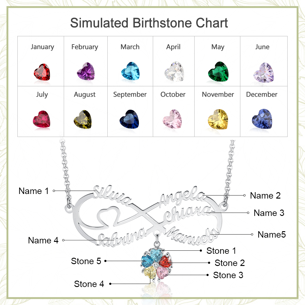 Personalized Infinity Necklace With 6 Birthstones Engraved Names Necklace Gift For Women