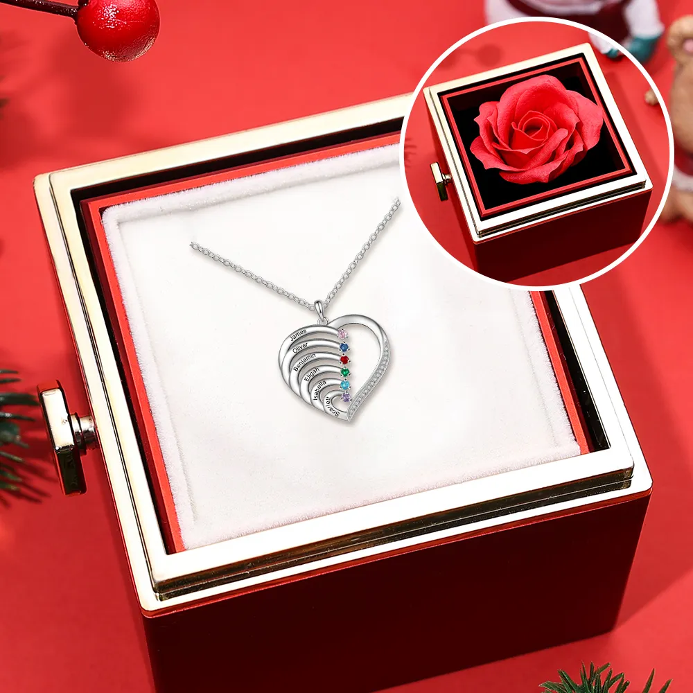 3 Names-Personalized S925 Silver Birthstone Necklace Engraved 3 Names-Custom Birthstone Intertwined Heart Pendant Gifts for Her