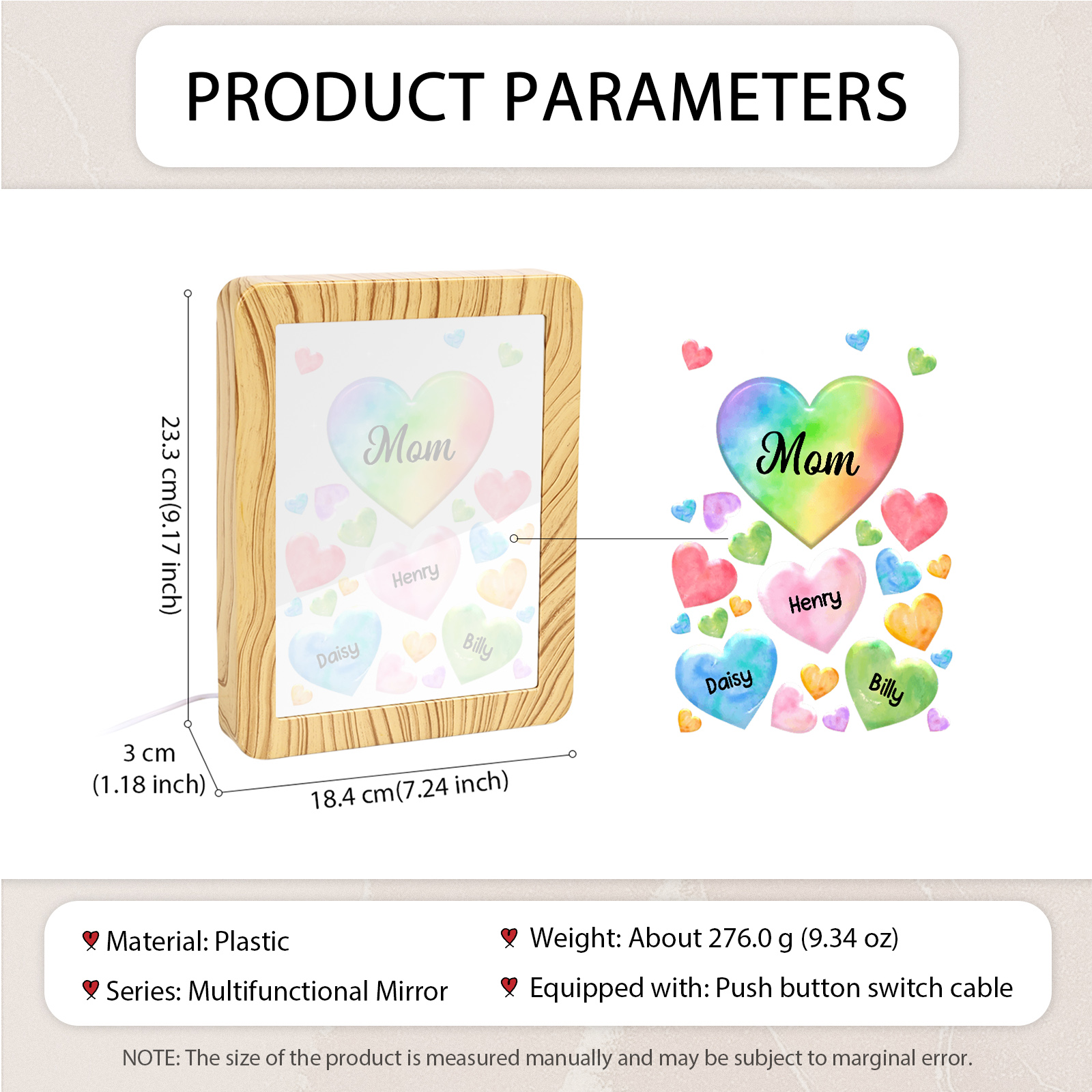 3 Names - Personalized Mom Home Wood Color Plug-in Mirror Photo Frame Custom Text LED Night Light Gift for Mom