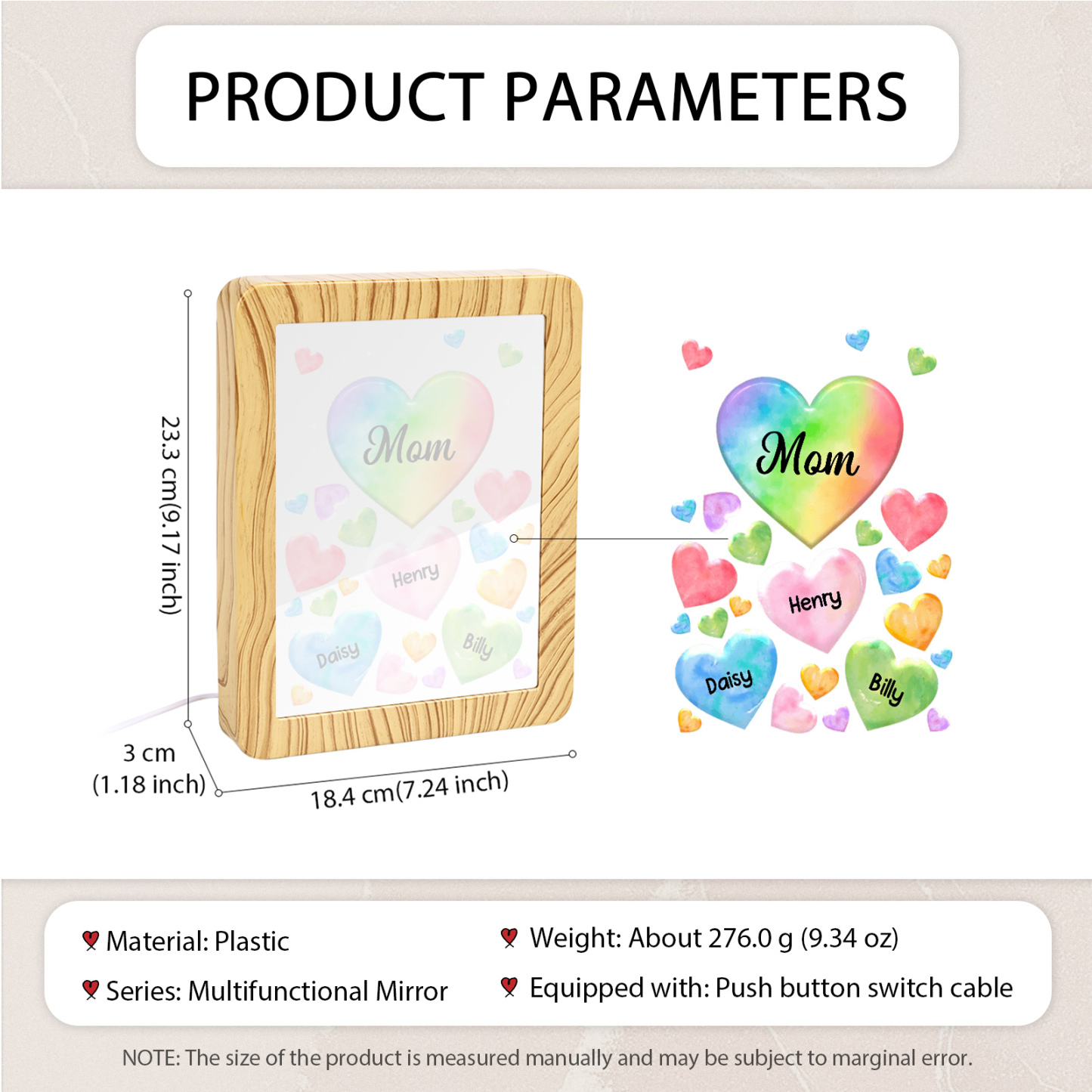 3 Names - Personalized Mom Home Wood Color Plug-in Mirror Photo Frame Custom Text LED Night Light Gift for Mom