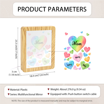 3 Names - Personalized Mom Home Wood Color Plug-in Mirror Photo Frame Custom Text LED Night Light Gift for Mom