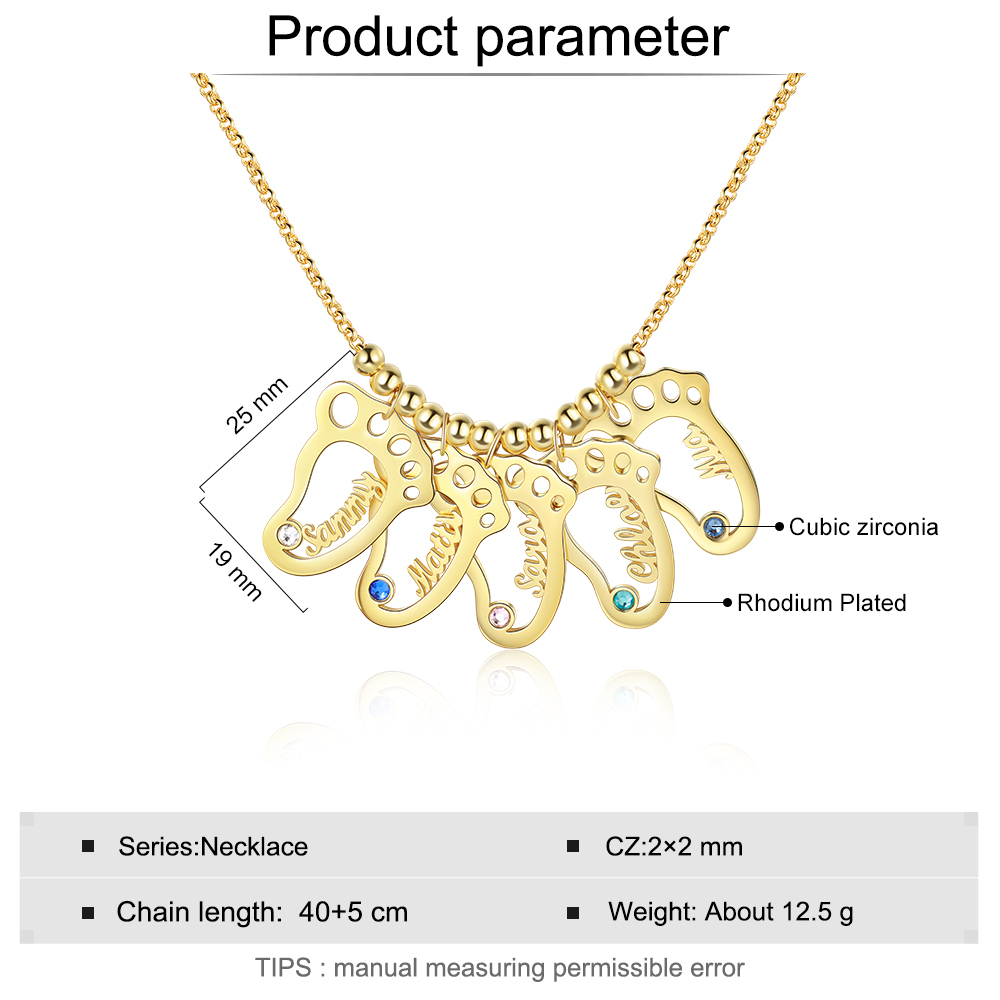 Personalized Baby Foot Engraved 5 Names Birthstones Necklace Gift For Mother