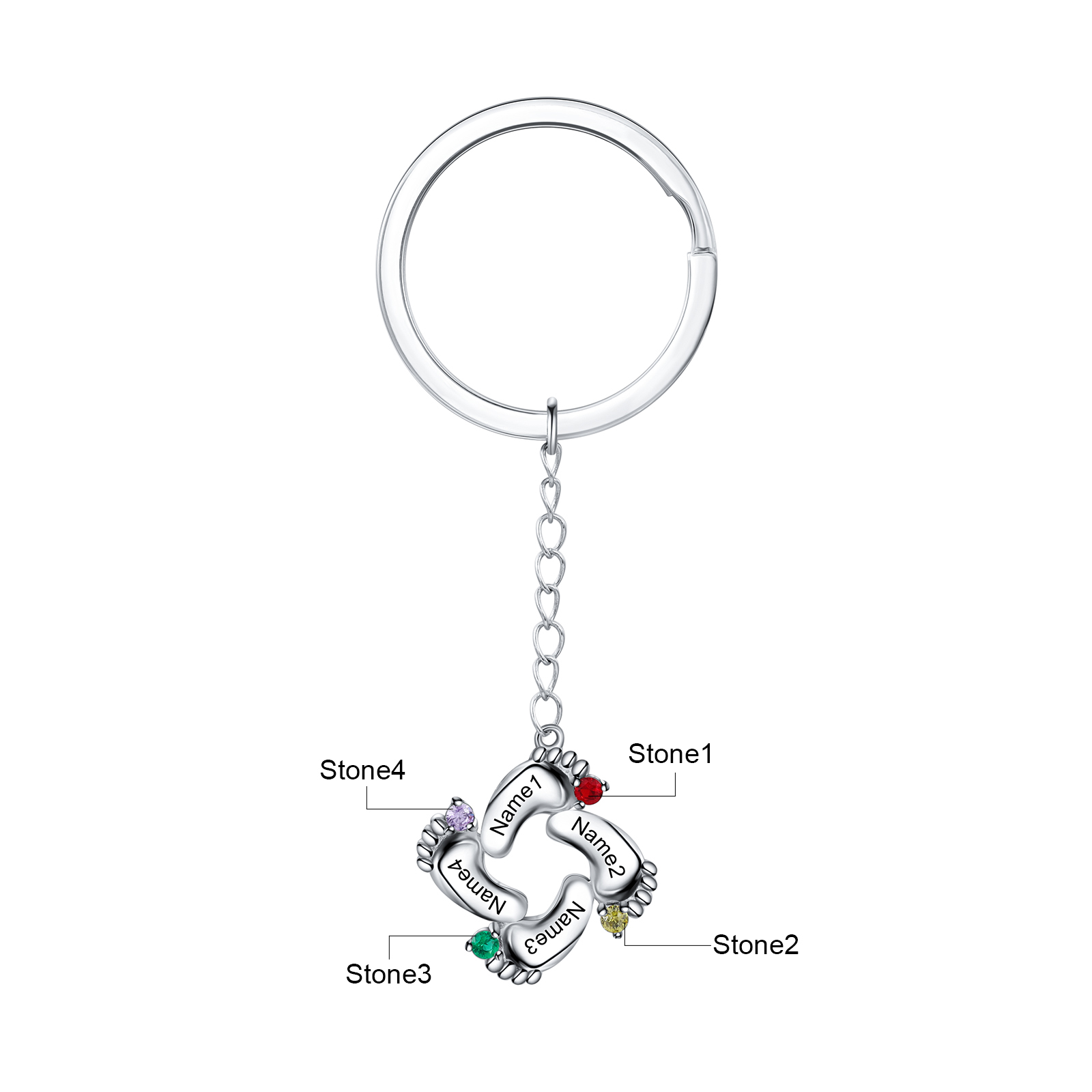 Personalized Baby Feet Keychain With 4 Birthstones Engraved names Keychain Gifts For Mother