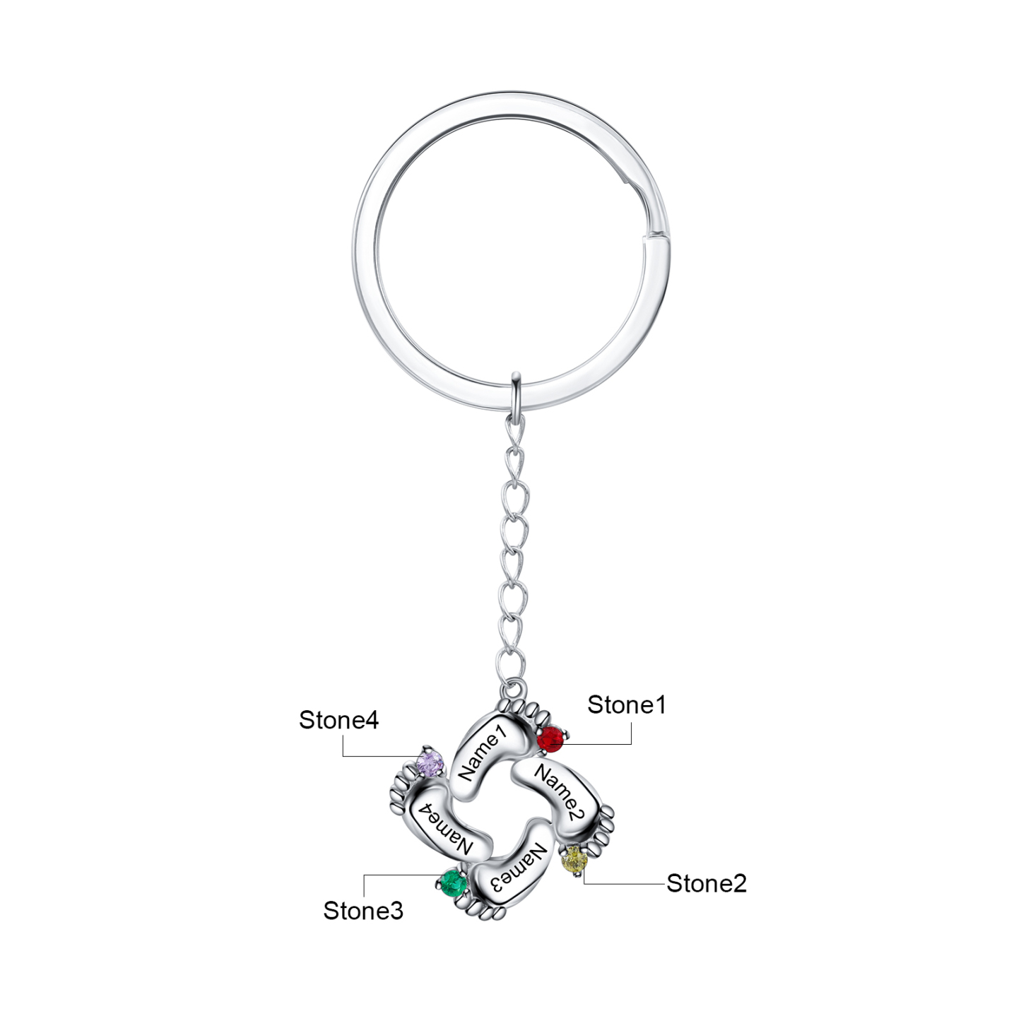 Personalized Baby Feet Keychain With 4 Birthstones Engraved names Keychain Gifts For Mother