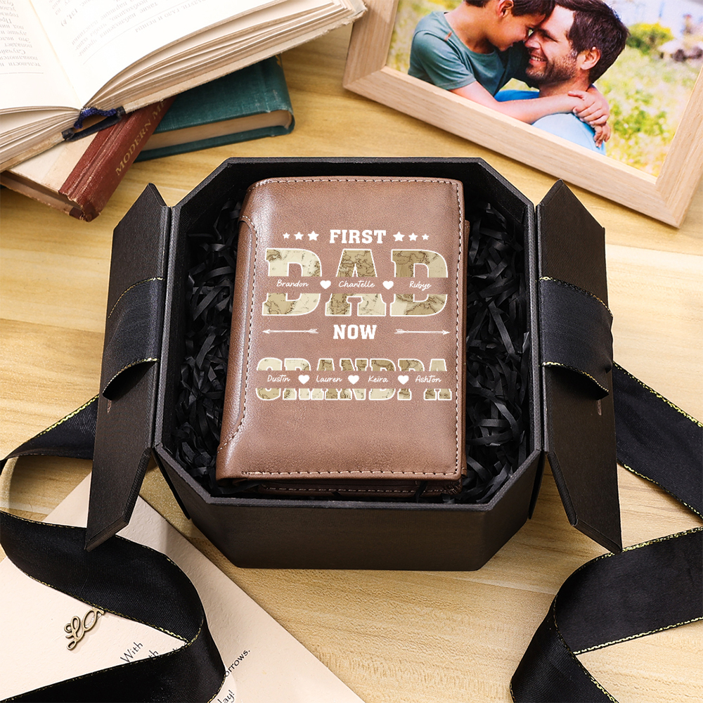 Personalized Leather Wallet With Map Design For Dad And Grandpa Customizable With 2–10 Names