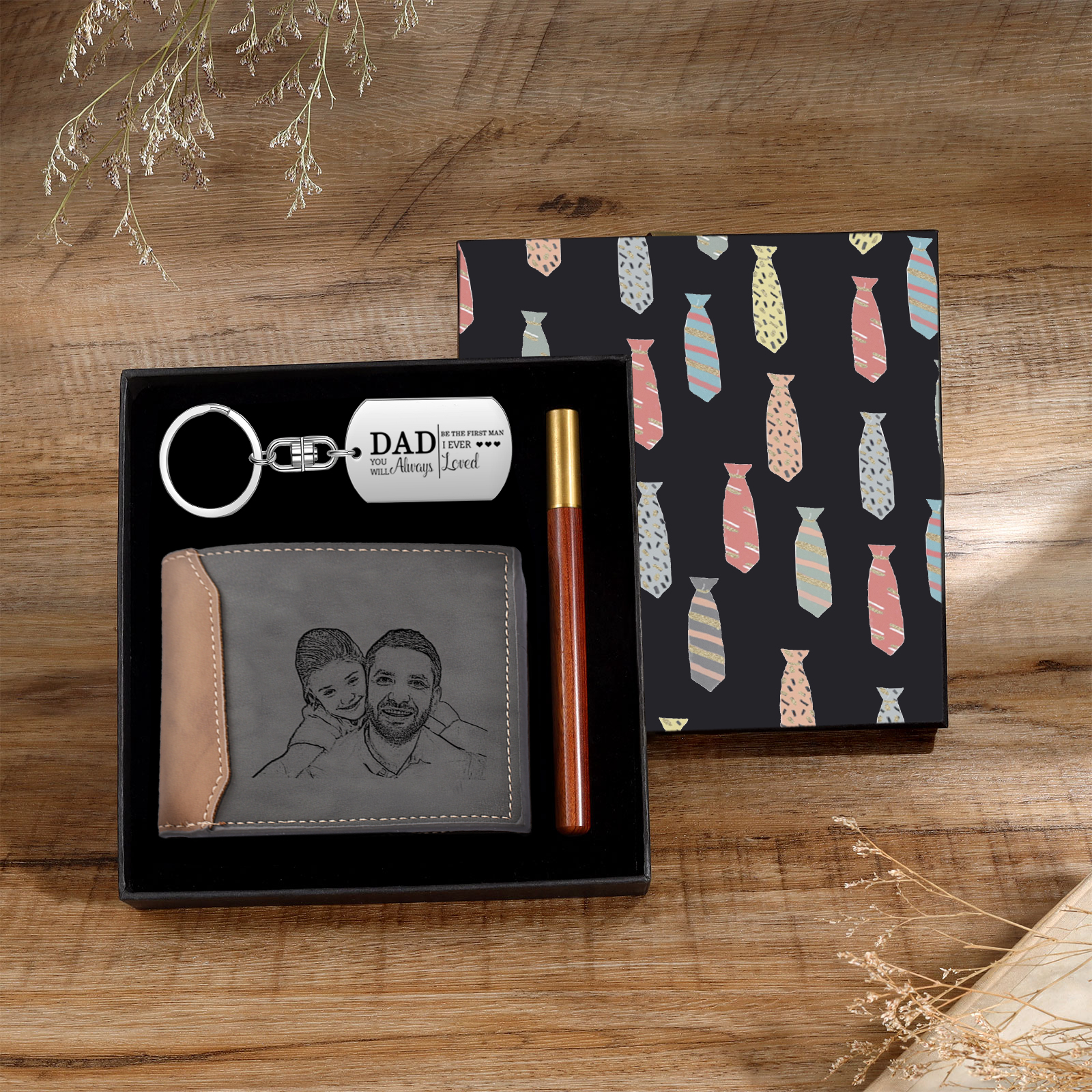Personalized Leather Wallet Gift Box Set with Keychain Customizable Photo Text and Date Wallet Gift for Dad