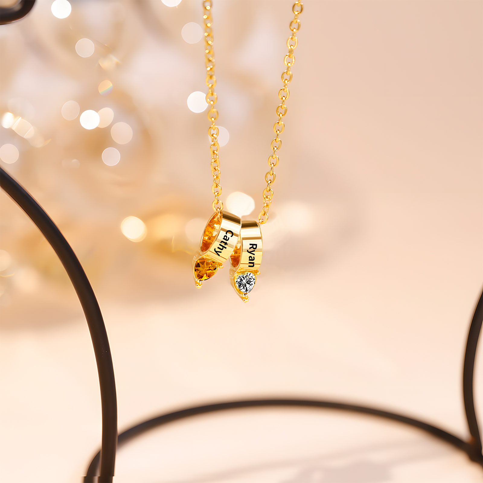 2 Names - Personalized Link Pendant Necklace with Customized Name and Birthstone Gift for Her