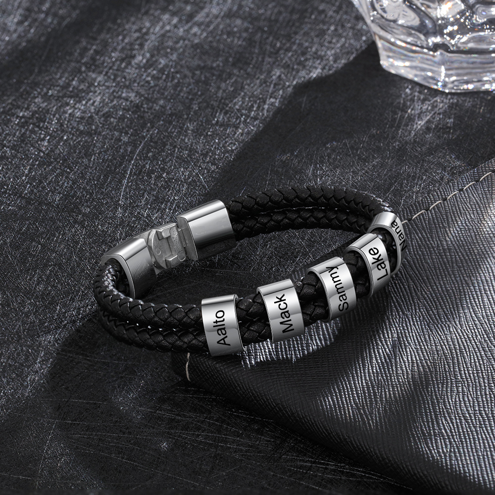 Customized  Braided Leather Bracelet Engraved 5 Names Men's Bracelet Gifts For Him