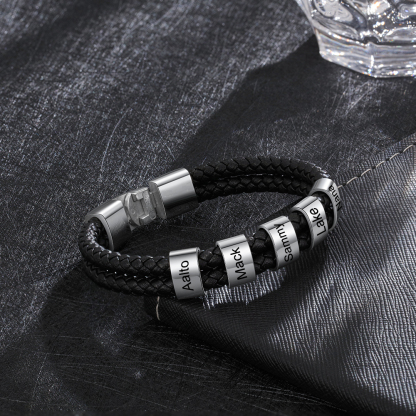Customized  Braided Leather Bracelet Engraved 5 Names Men's Bracelet Gifts For Him