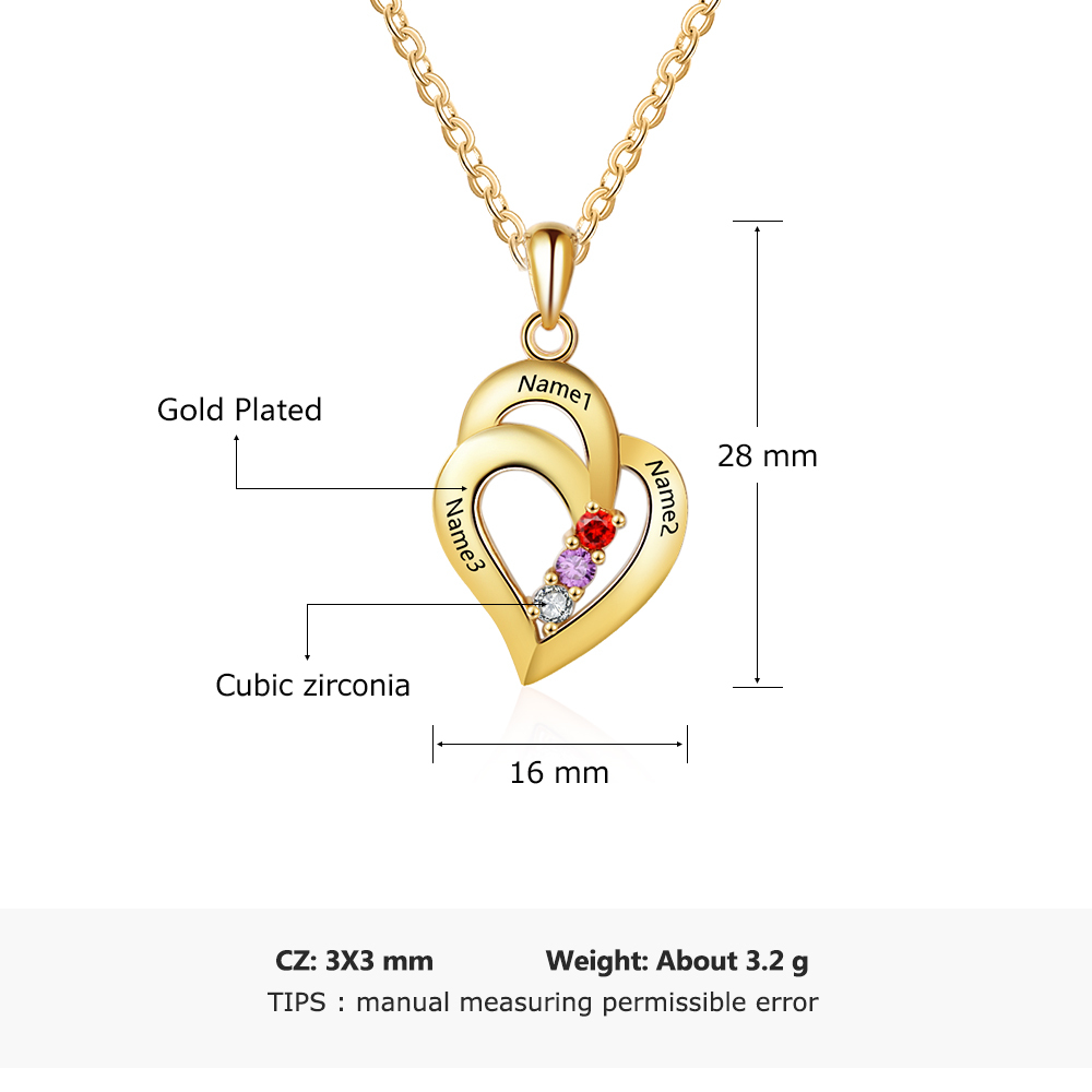 Personalized Heart S925 Necklace With 3 Birthstones Engraved Names Gift For Her