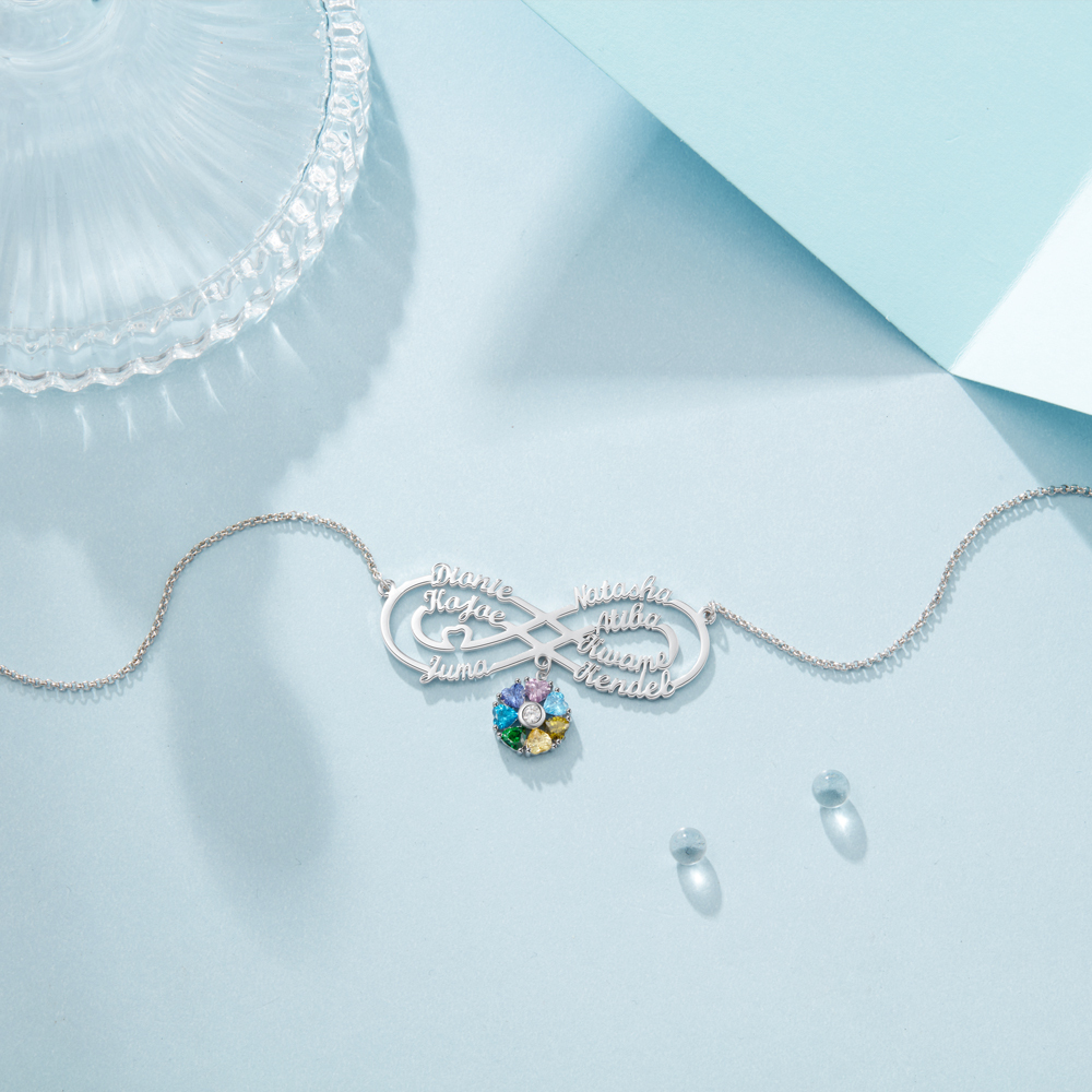 Personalized Infinity Necklace With 7 Birthstones Engraved Names Necklace Gift For Women