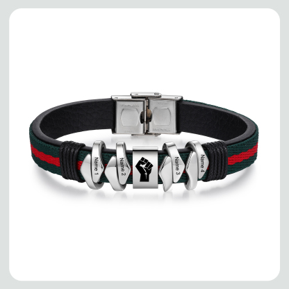 Personalized Leather Bracelet Custom 4 Names Mens Bracelet Silver and Gold