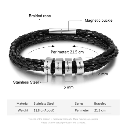 Braided Leather Personalised Name 4 Beads Men's Bracelets Gifts For Him Best Gift For Dad