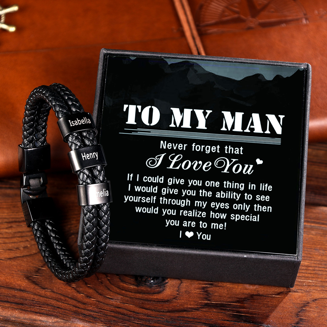 Personalized Braided Leather Bracelet Engraved 2 Names Men's Bracelet for Him