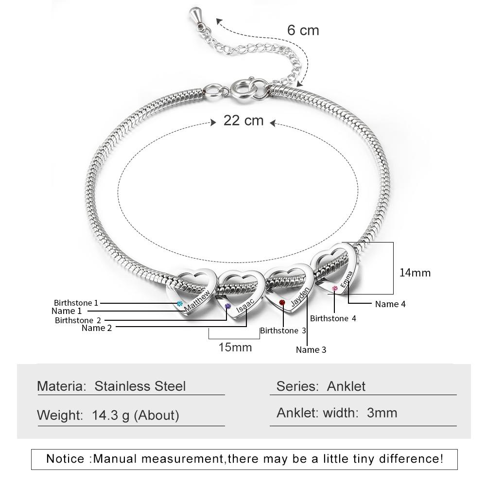Personalized Anklet Bracelet for Women With Engraved 4 Names And Birthstones With Engraved Heart Shaped Charm  - Mother's Day Gift for Mom