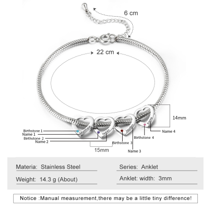 Personalized Anklet Bracelet for Women With Engraved 4 Names And Birthstones With Engraved Heart Shaped Charm  - Mother's Day Gift for Mom