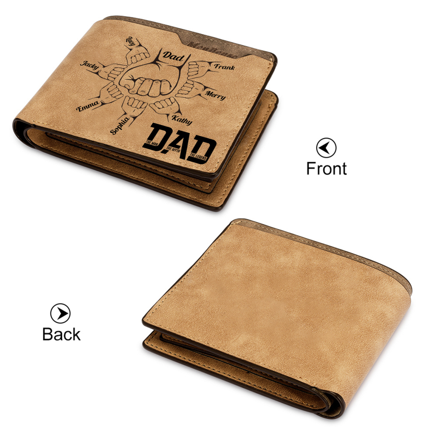 8 Names - Personalized Fist Bump Pattern Custom Name Leather Men's Wallet as a Father's Day Gift for Dad