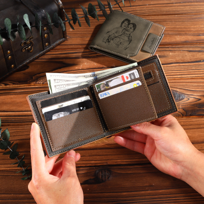 5 Names - Personalized Photo Custom Leather Men's Folding Wallet as a Father's Day Gift for Dad