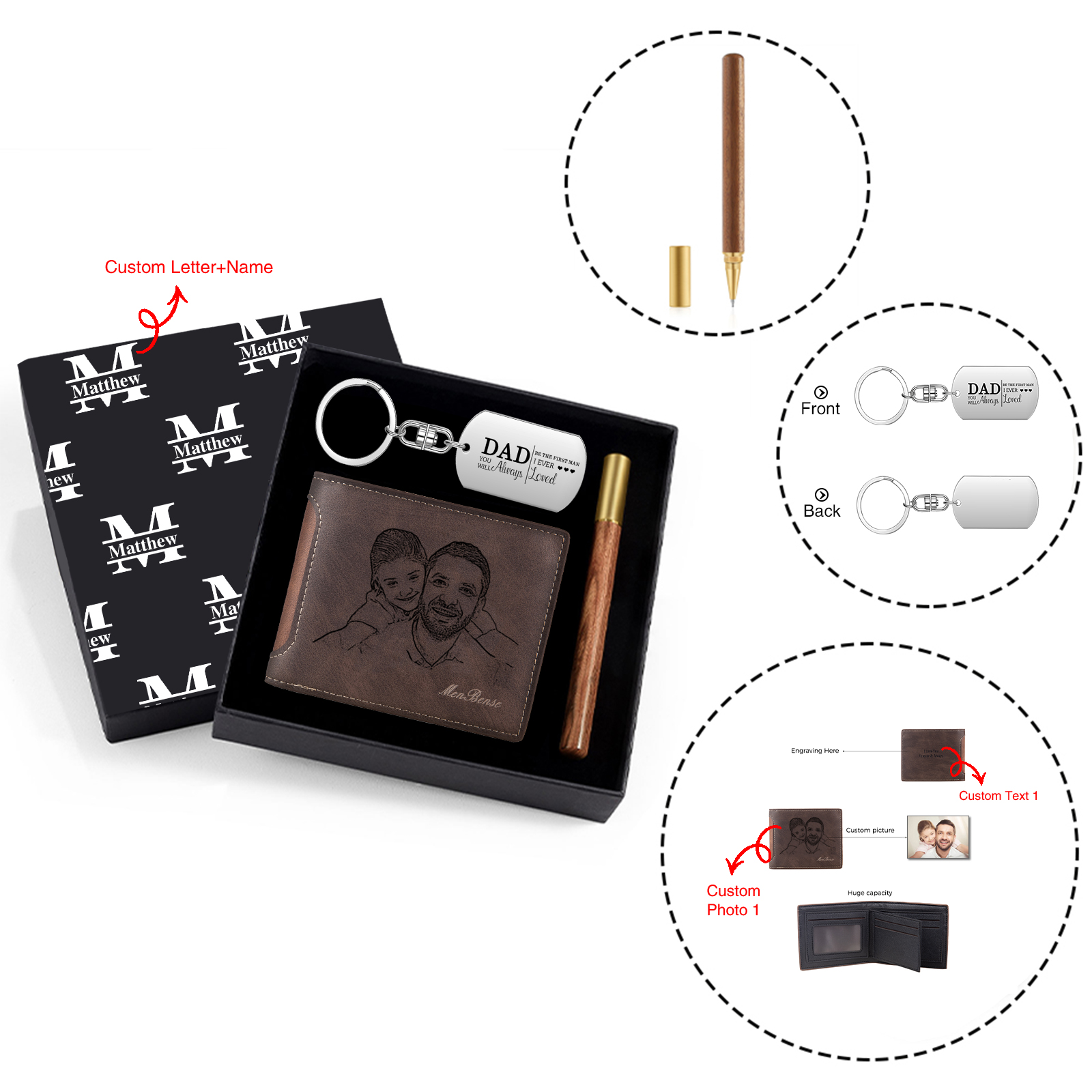 Personalized Leather Wallet Gift Box Set with Keychain Customizable Photo and Text Wallet Gift for Dad