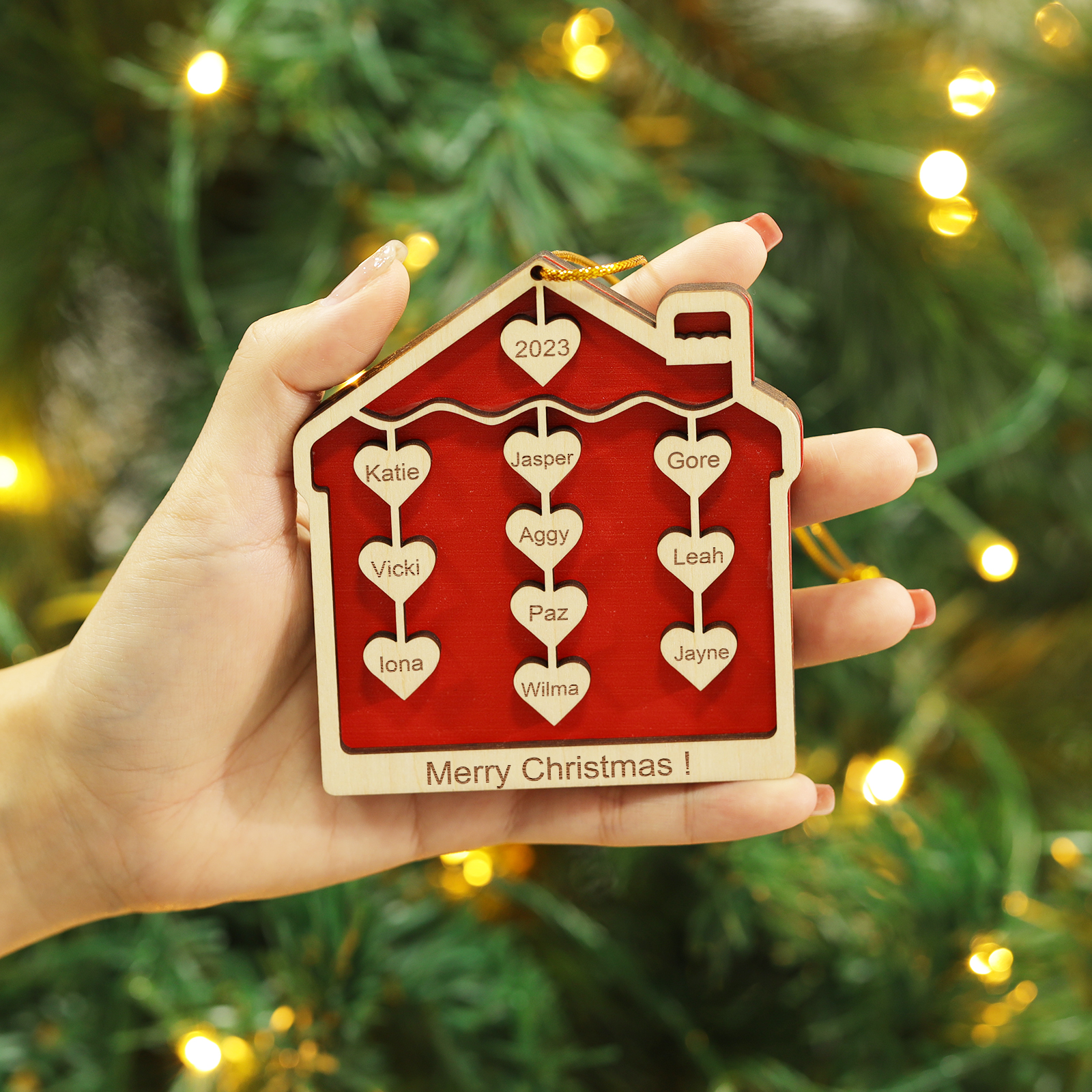 10 Names-Personalized Family Wooden Christmas Xmas Tree Decoration Ornament-Custom 10 Names And Year Hanging Ornament Gifts For Family