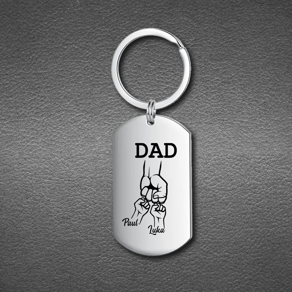 2 Names - Customized Dad Fist Keychain Set l Gift Box with Gift Card for Dad