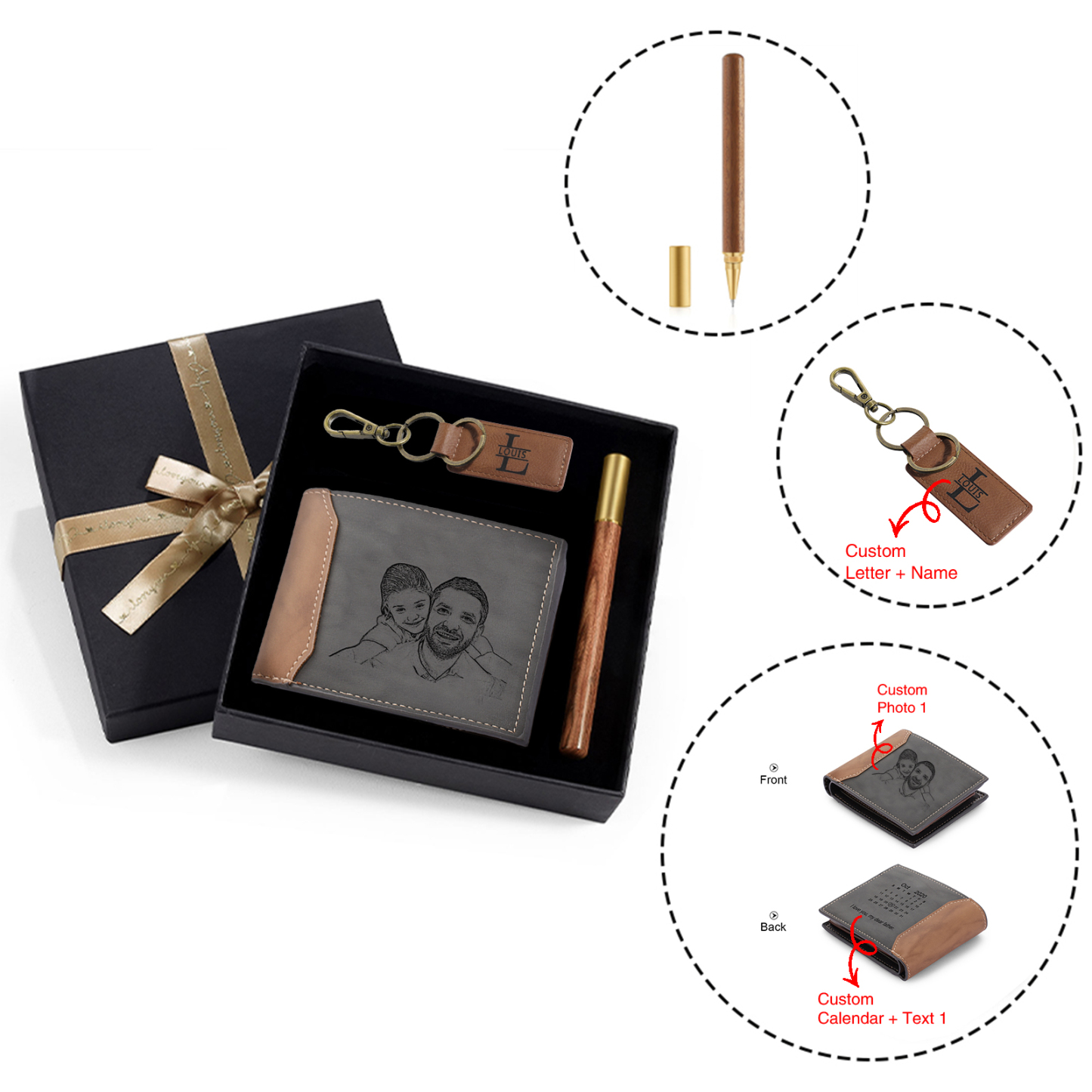 Photo Personalized Leather Wallet Gift Box Set with Keychain Customizable Letter Name and Date Wallet Gift for Him