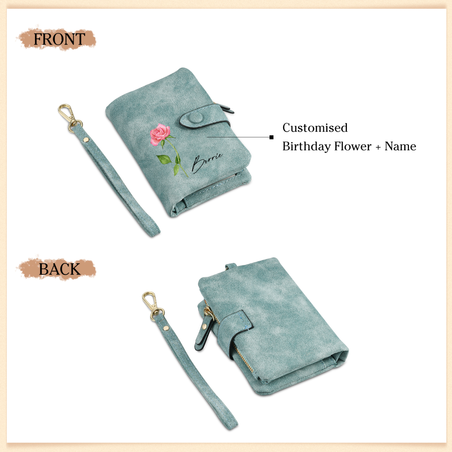 Green Color Personalized Birthday Flower Leather Wallet Engraving Name Wallet Gifts for Women