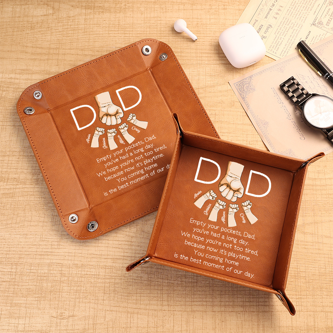 Personalized Leather Valet Tray For Dad Engraved With 1–6 Names And Fist Bumps Design