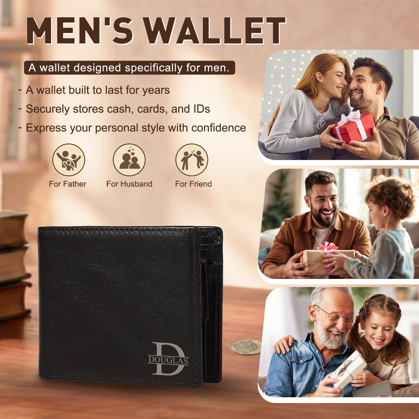 Personalized Leather RFID Bifold Wallet for Men with ID Window and Initial or Name Engraved