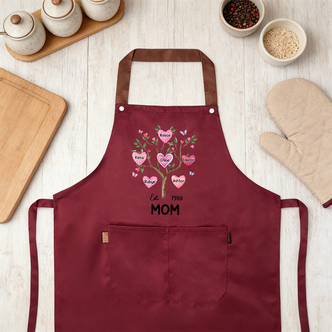 Personalized Mom Family Tree Apron with Pocket Customized with 2–8 Names