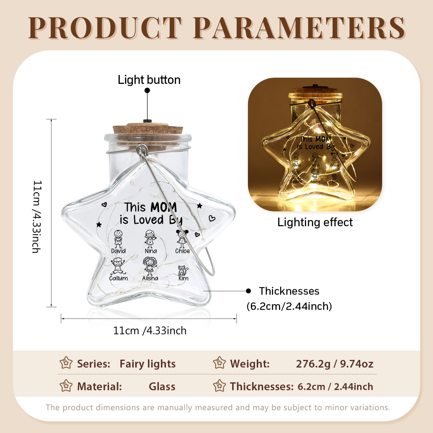 Personalized Star Glass Fairy LED Light Jar for Mom