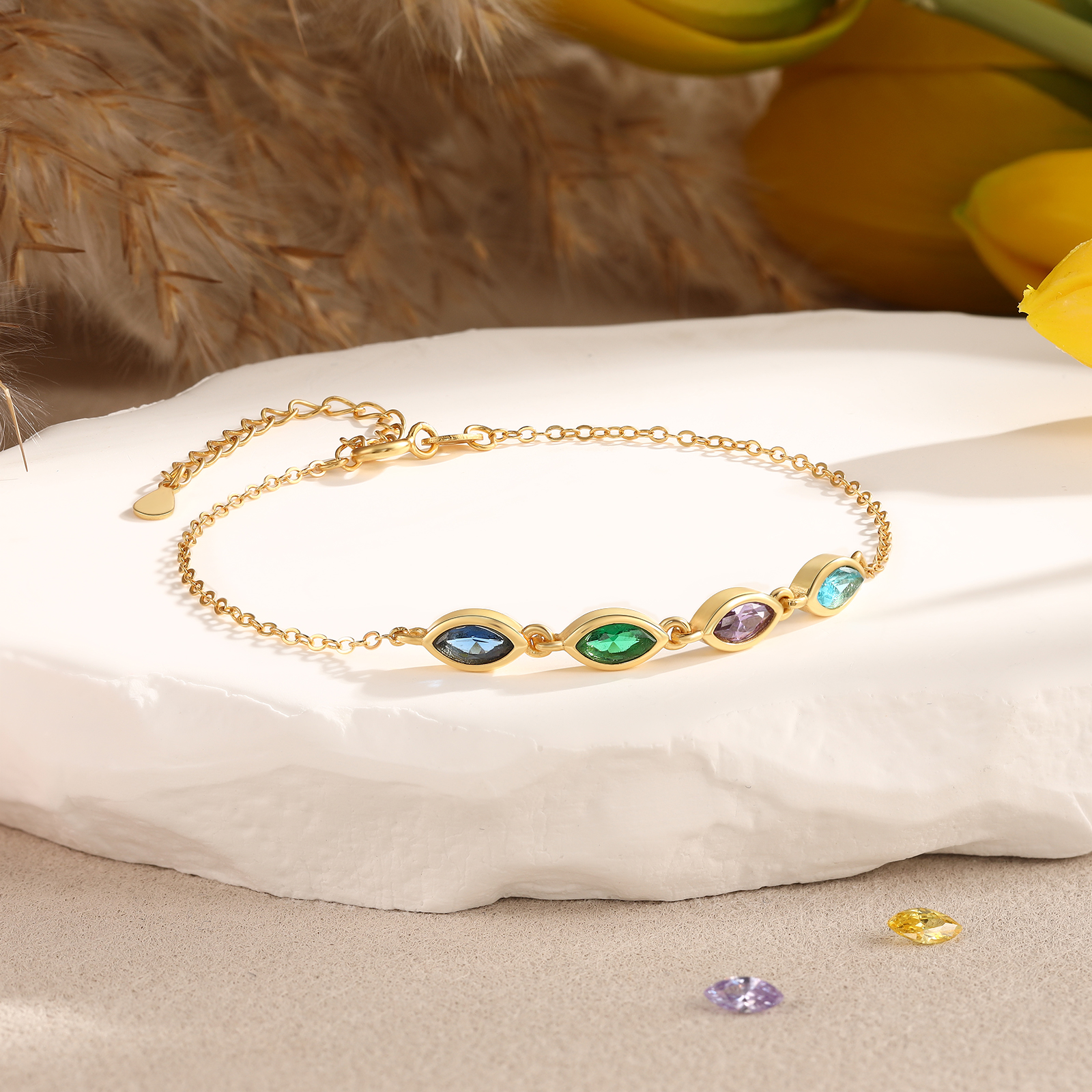 925 Sterling Silver Personalized Birthstones Bracelet Custom with 2–5 Marquise-Cut Stones