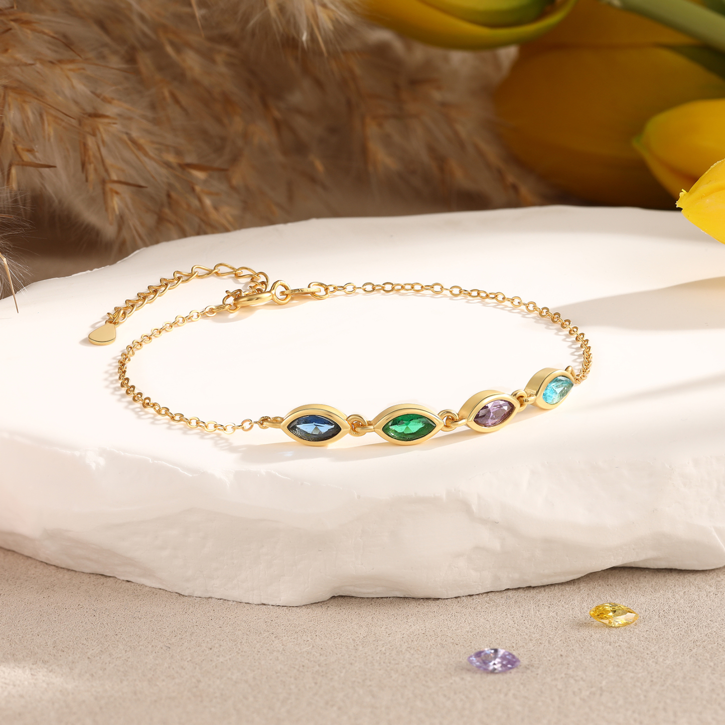 925 Sterling Silver Personalized Birthstones Bracelet Custom with 2–5 Marquise-Cut Stones