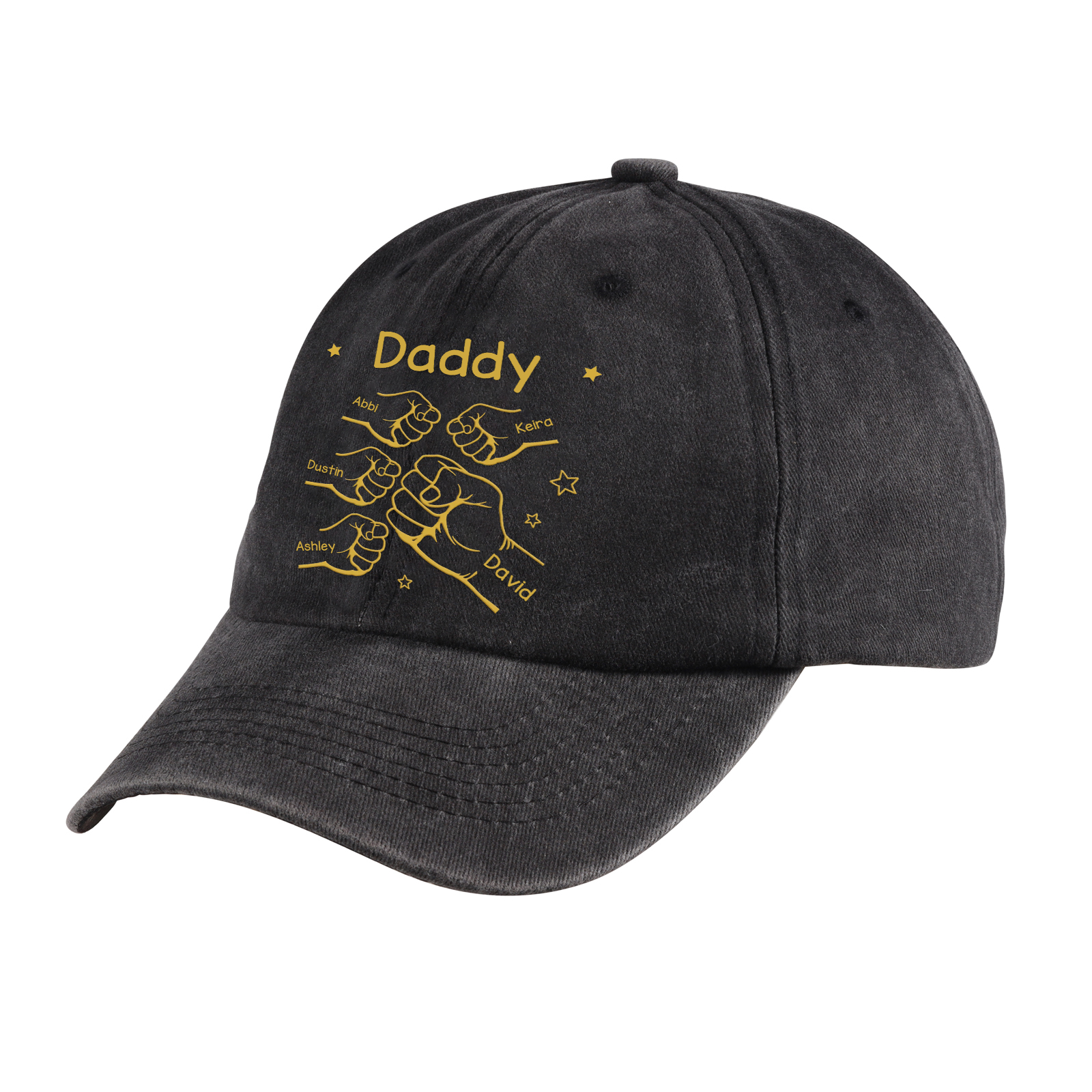 Personalized Washed Denim Baseball Cap Customized with 1-10 Names and Fist Bumps