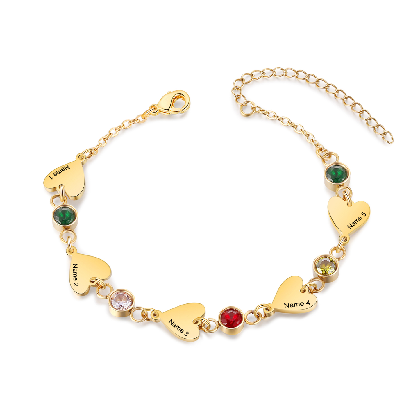 Personalized 1-5 Names Gold Heart Birthstone Chain Bracelet