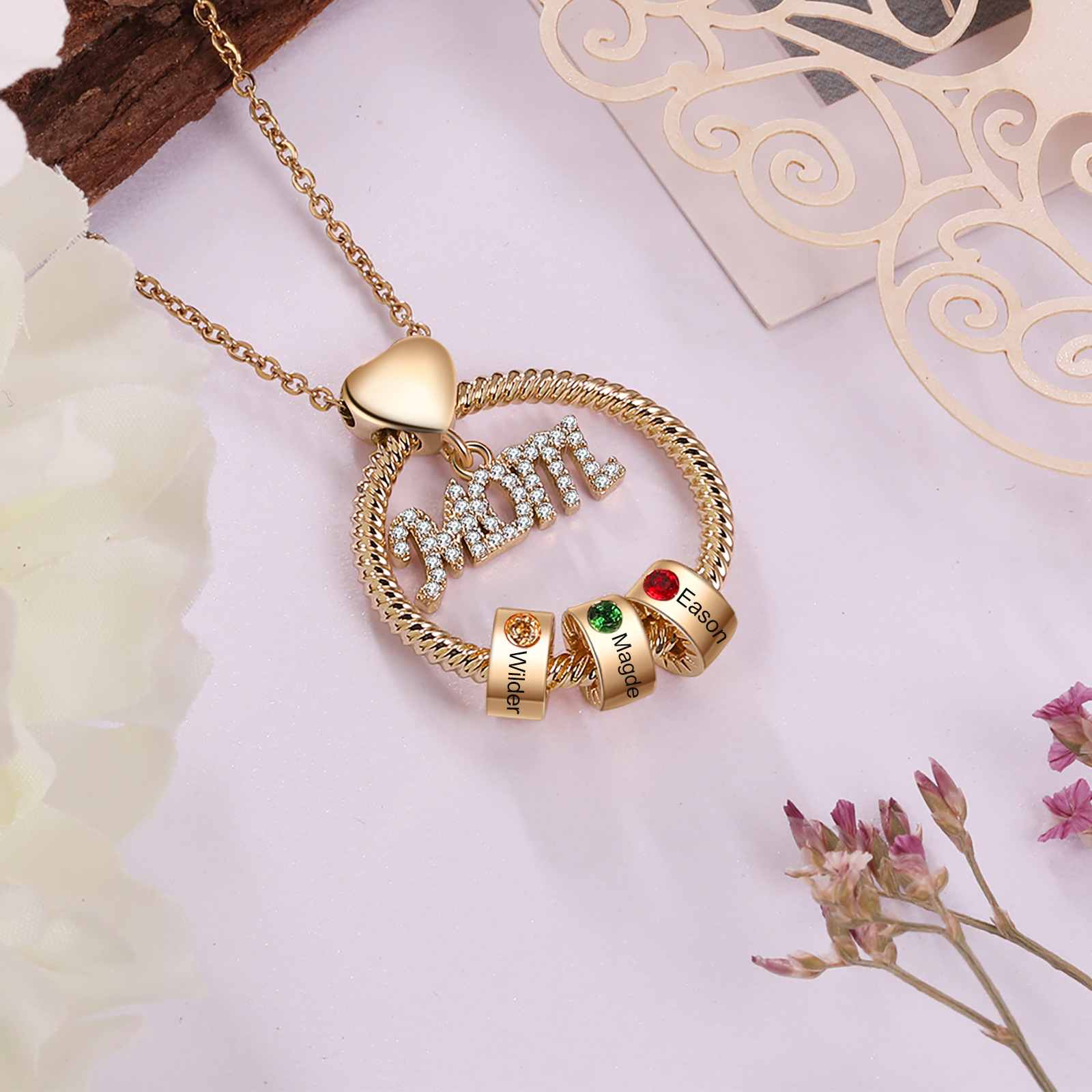 3 Names-Personalized Mom Necklace Set With  Premium Rotating Rose Flower Gift Box-Custom Necklace With 3 Birthstones Engraved Names Gift For Mother