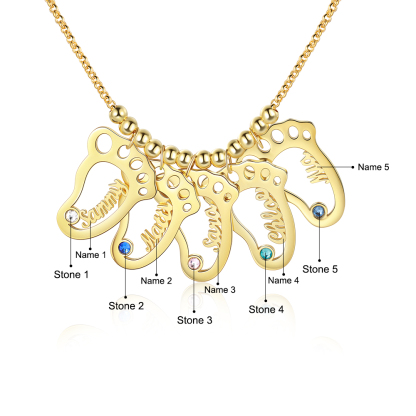 Personalized Baby Foot Engraved 5 Names Birthstones Necklace Gift For Mother