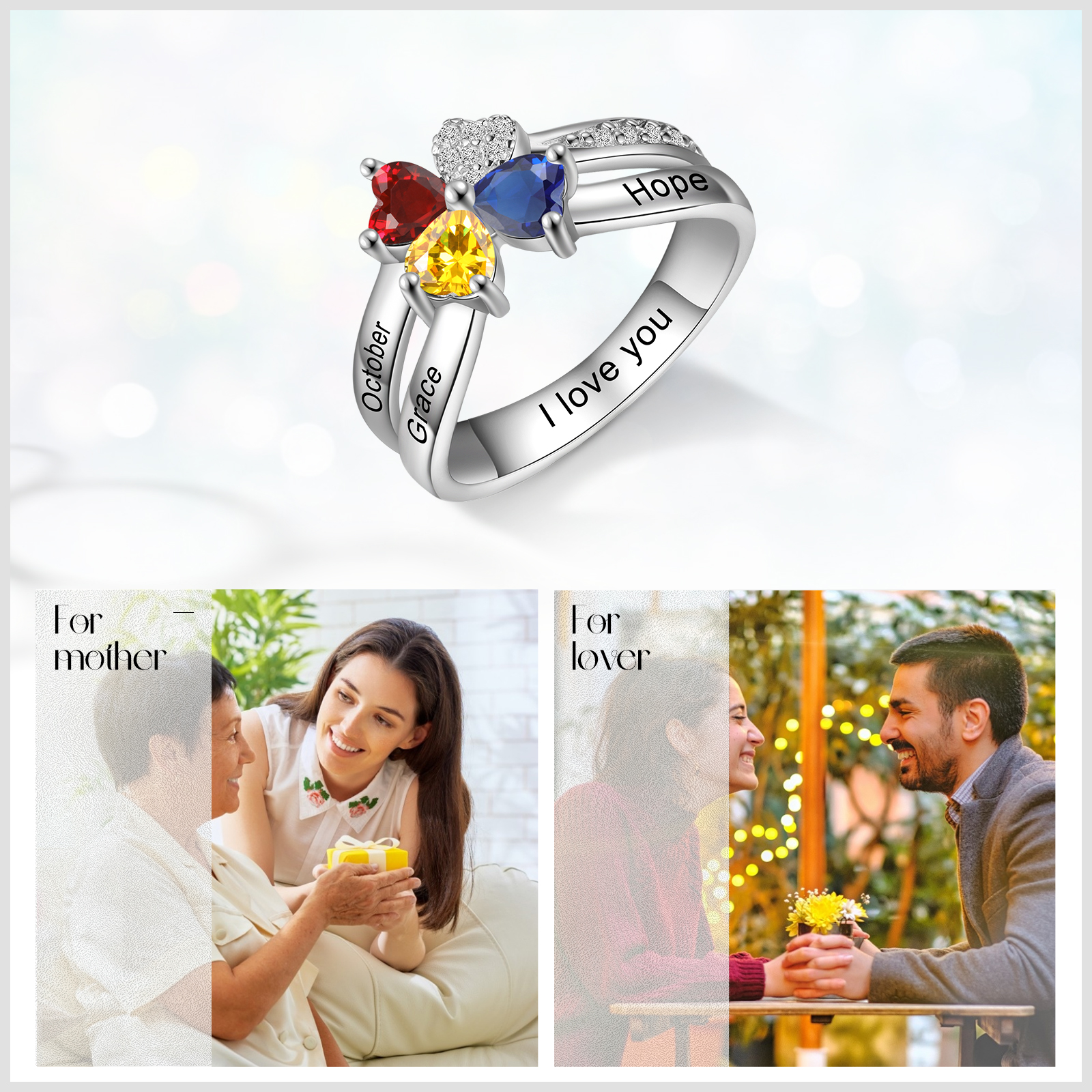 Personalized Ring With 3 Birthstones Engraved Names Ring Best Gift For Women