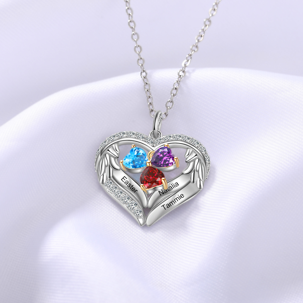 Personalized Wings S925 Silver Necklace With 3 Heart Birthstones Engraved Names Gift For Women