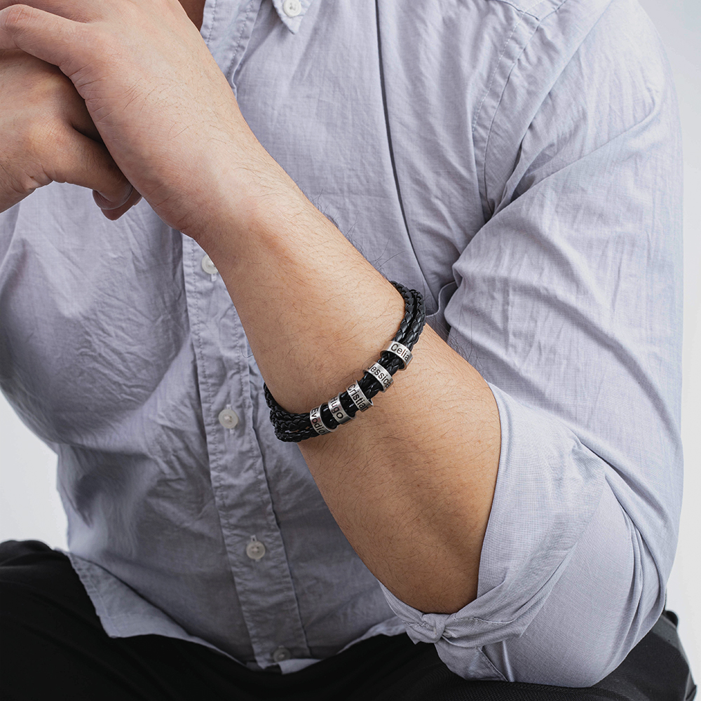 Braided Leather Personalised Name 4 Beads Men's Bracelets Gifts For Him Best Gift For Dad