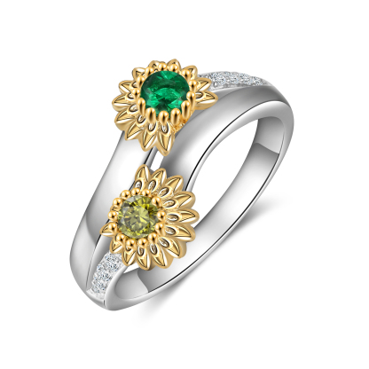 Personalized Sunflower Ring With 2 Birthstones Engraved Names Ring Gift For Women | Jessemade