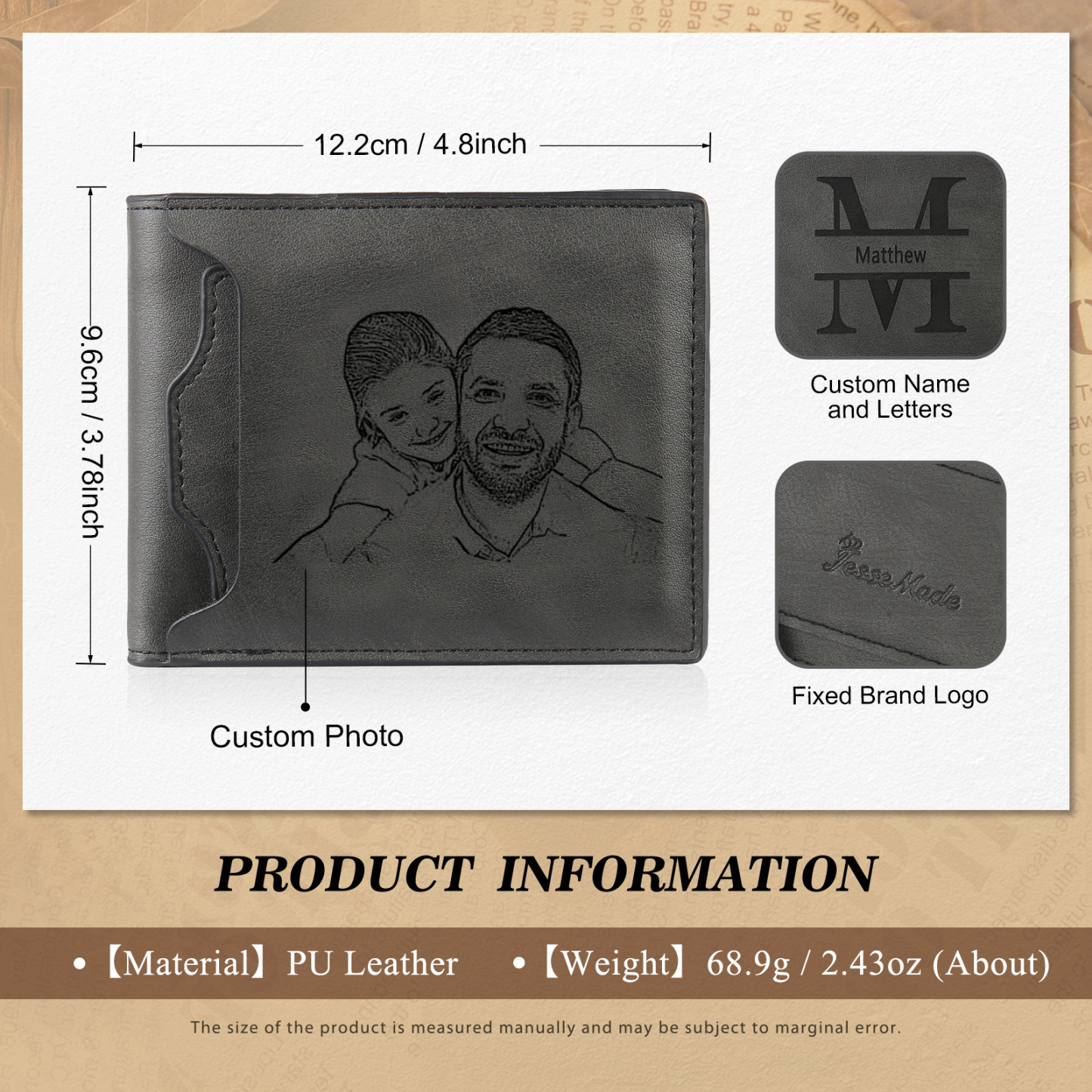 Personalized Leather Wallet Gift Box Set with Keychain Customizable Photo,Text ,Name and Letter Wallet Gift for Him
